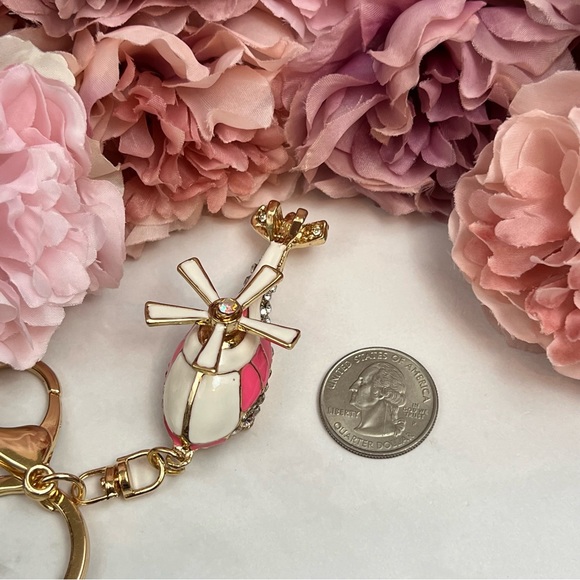 Whimsical Pink and White Crystal Helicopter Keychain Charm - Picture 12 of 16